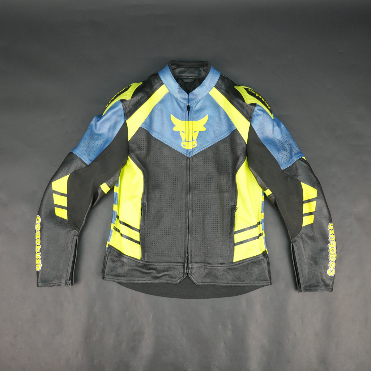 Cogobush Mens Blue Black Neon Yellow Bull Motorcycle Riding Jacket Premium Perforated Leather Bike Jacket #Desiderio #LeatherJacket #MotorcycleJacket #RidingGear #PerforatedLeather #BikerStyle #ProtectiveGear #MotorcycleApparel