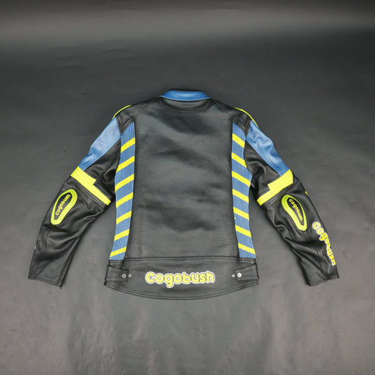 Cogobush Mens Blue Black Neon Yellow Bull Motorcycle Riding Jacket Premium Perforated Leather Bike Jacket #Desiderio #LeatherJacket #MotorcycleJacket #RidingGear #PerforatedLeather #BikerStyle #ProtectiveGear #MotorcycleApparel