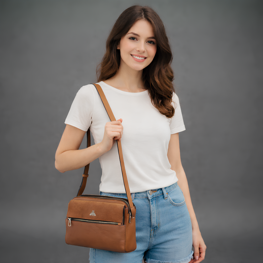 Nano Casetto Leather Crossbody Bag in 100% genuine cowhide leather with a compact, lightweight design, adjustable strap, and secure zip closure—perfect for daily wear, travel, and casual outings.