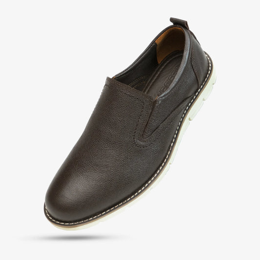 Brown genuine cow leather loafer with soft sheep lining, cushioned Texon insole, and lightweight EVA sole