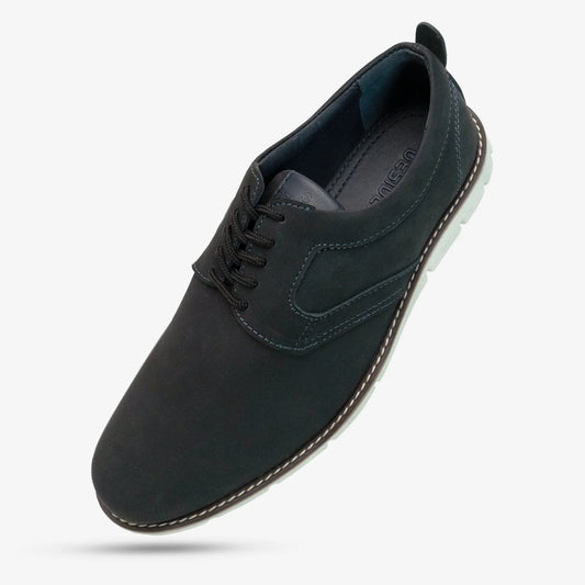 Gray genuine leather shoes with soft lining, cushioned insole, and lightweight EVA sole