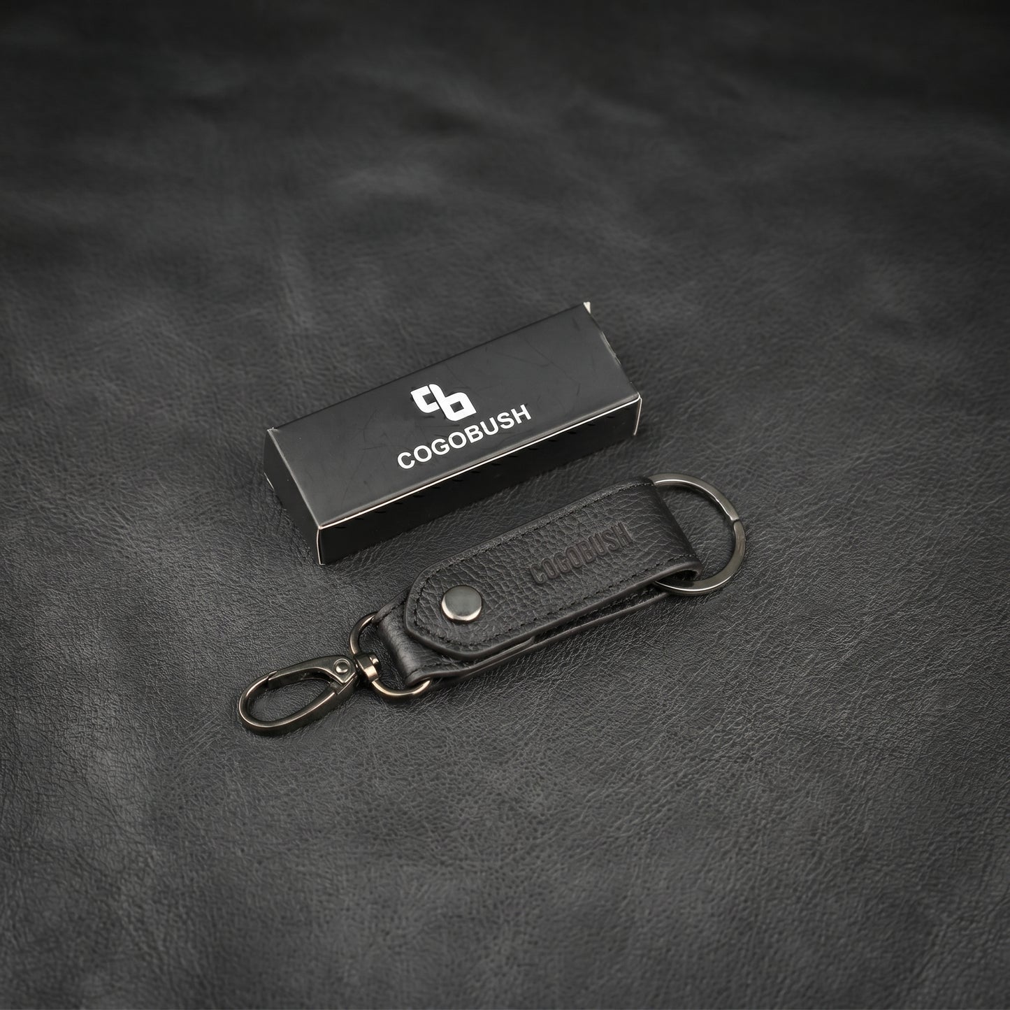Black Genuine Leather Keychain with Metal Clasp.