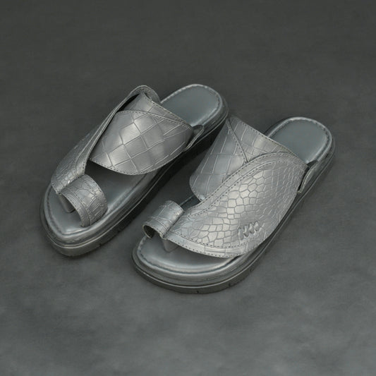 Grey Arabic chappal with croco-texture PU upper and EVA sole.