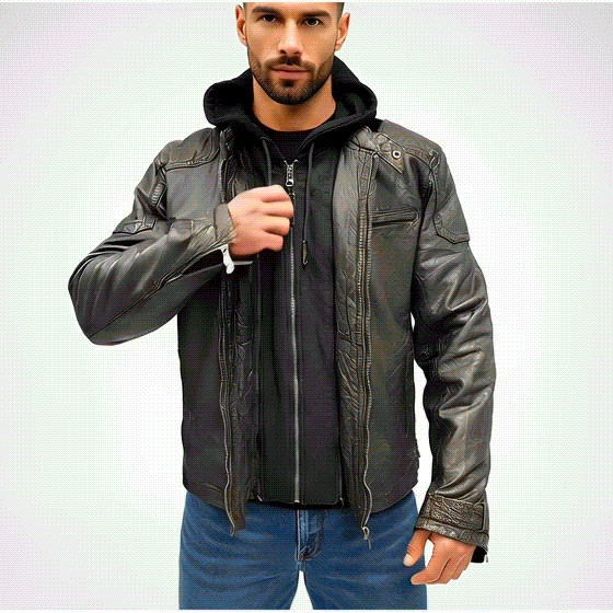 Hooded Real Leather Rubbed Finish Duel Layer Jacket #Desiderio #GenuineLeather #LeatherJacket #HoodedJacket #MensFashion #PremiumLeather #WinterStyle #CasualWear