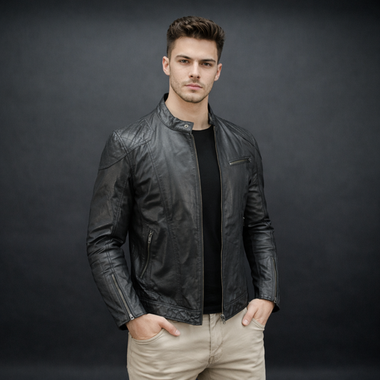 Men’s black jacket with front zip closure, two side pockets, one upper right front pocket, zip cuffs, snap-button collar, and an inside zipper pocket, combining style and functionality