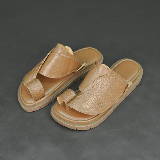 Light brown Arabic chappal with croco-texture PU upper and EVA sole.
