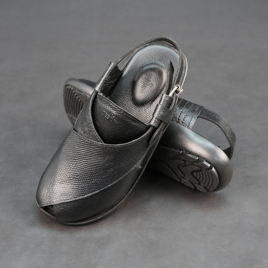 Black cow printed leather footwear with cushioned insole and TPR sole.