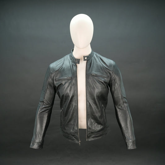 Men's Black Genuine Leather Bomber Jacket - Zip-Up Mandarin Collar Moto Jacket #Desiderio #LeatherJacket #BomberJacket #MensFashion #MotoJacket