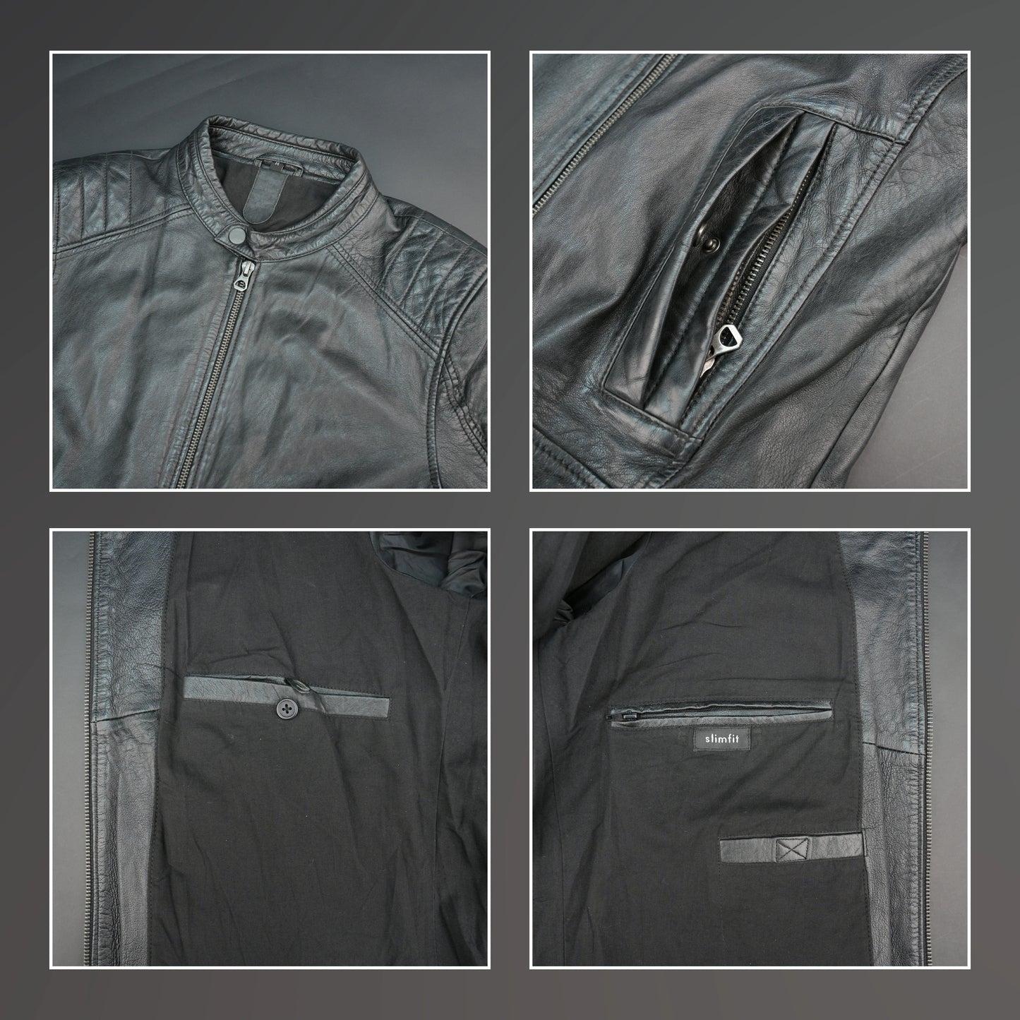 Black leather jacket with mandarin collar, quilted shoulders, and slim fit.