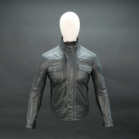 Men black leather biker jacket with quilted shoulders and flap pockets