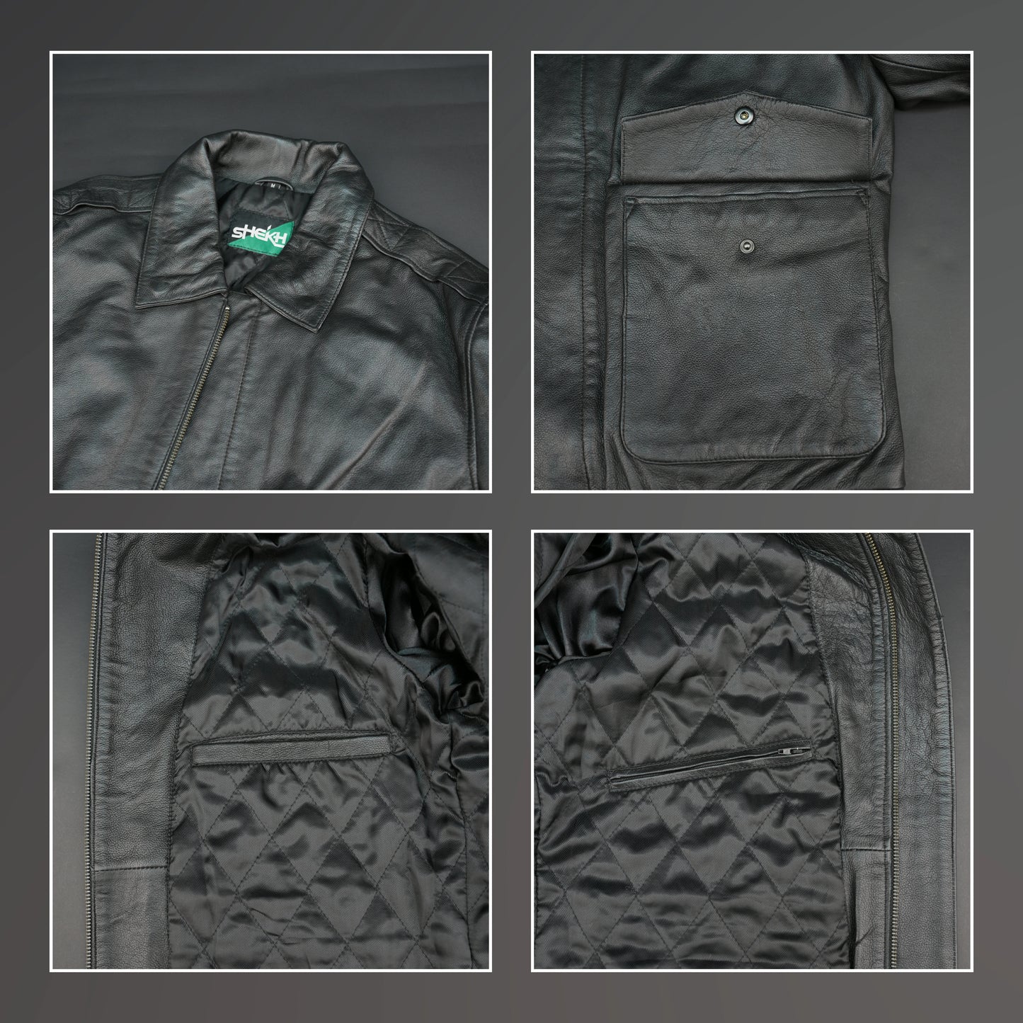 Men's genuine leather jacket with flap pockets and ribbed hem