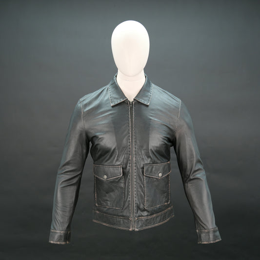 Men's black lambskin leather jacket with shirt collar and slim fit