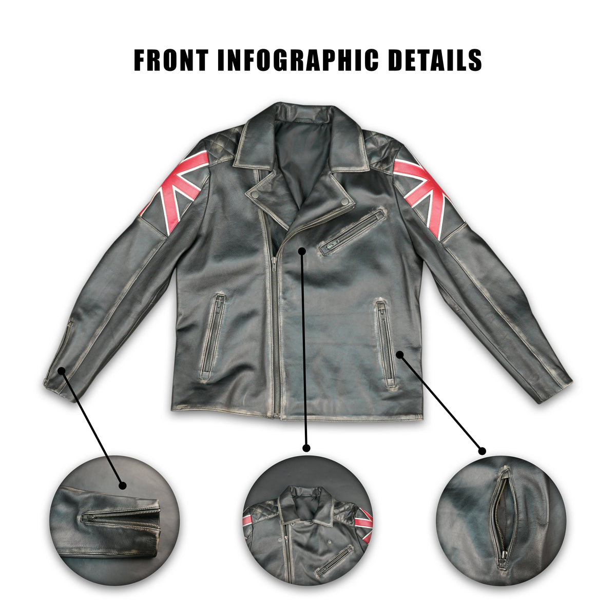 Mens Black Real Leather Biker Jacket with UK Union Jack Flag Patches - Vintage Style Motorcycle Rider Jacket #Desiderio #LeatherJacket #BikerJacket #MotorcycleJacket #VintageStyle #GenuineLeather #MensFashion #RiderGear
