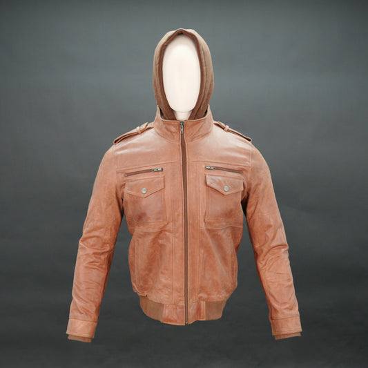 Men tan leather hooded bomber jacket with fleece-lined hood and zip closure