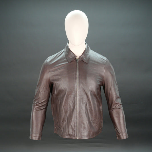 Men chocolate leather biker jacket with shirt collar and zipper closure