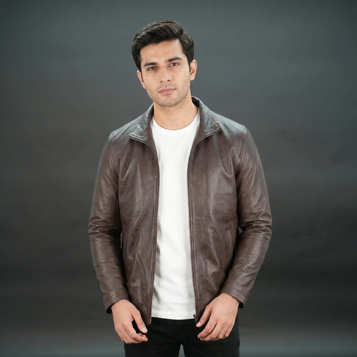 Men’s Brown Leather Biker Jacket with Stand Collar Desiderio #LeatherJacket #BikerJacket #MotoJacket #MensFashion