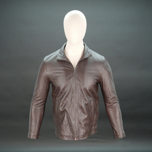 Men brown leather biker jacket with stand-up collar and zipper closure