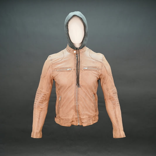 Men's Camel Leather Hooded Biker Jacket - Zip-Up Moto Jacket
#Desiderio #LeatherJacket #BikerJacket #MotoJacket #MensFashion