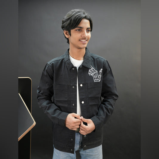 Men’s black denim jacket with bold finger print graphic, button-down front, adjustable cuffs, and side pockets, casual relaxed fit