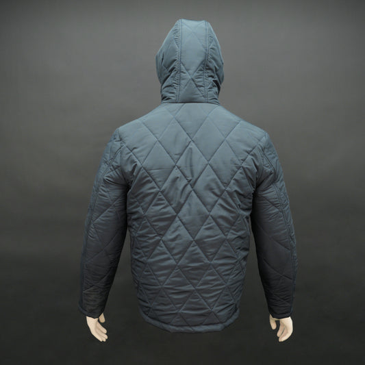 Men’s navy hooded diamond-quilted puffer jacket with full sleeves, zip closure, and multiple pockets.