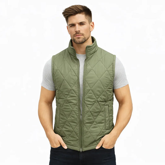 Men’s green lightweight quilted puffer gilet sleeveless zip vest with pockets for layering.