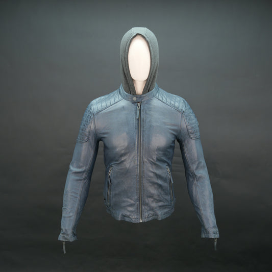 Men's navy blue leather jacket with grey hood and slim fit design