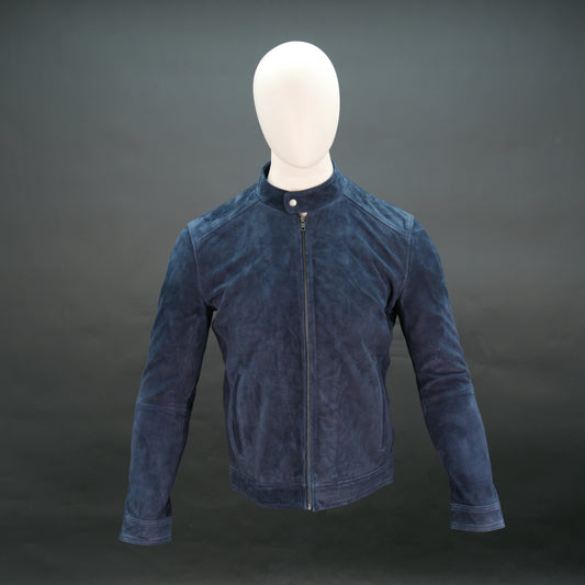 Men's navy blue suede jacket with front zip closure