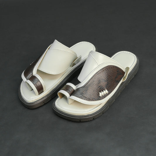 Off-white Arabic chappal with snake-texture PU upper and EVA sole.