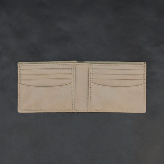 Premium beige leather wallet, slim, durable, and lightweight holds up to 10 cards with 2 cash compartments.