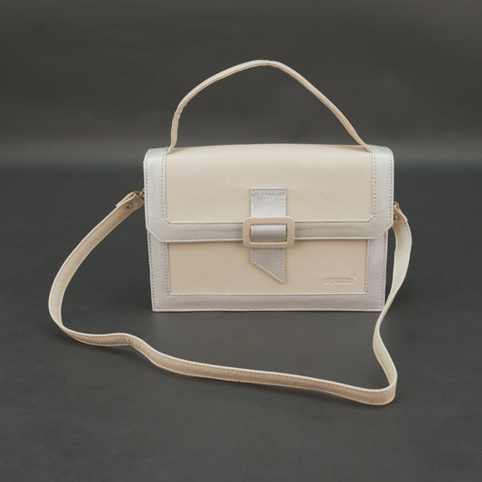 Beige leather crossbody handbag with zipper compartment.