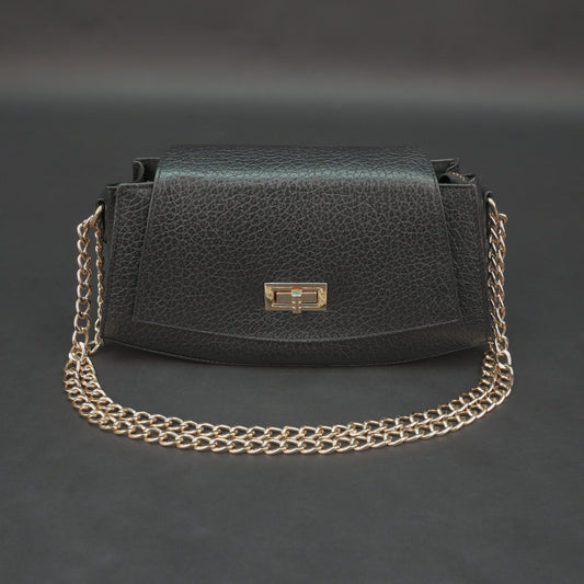 Real leather black handbag with brass chain, zipper compartment, shoulder strap, stylish and practical daily use bag