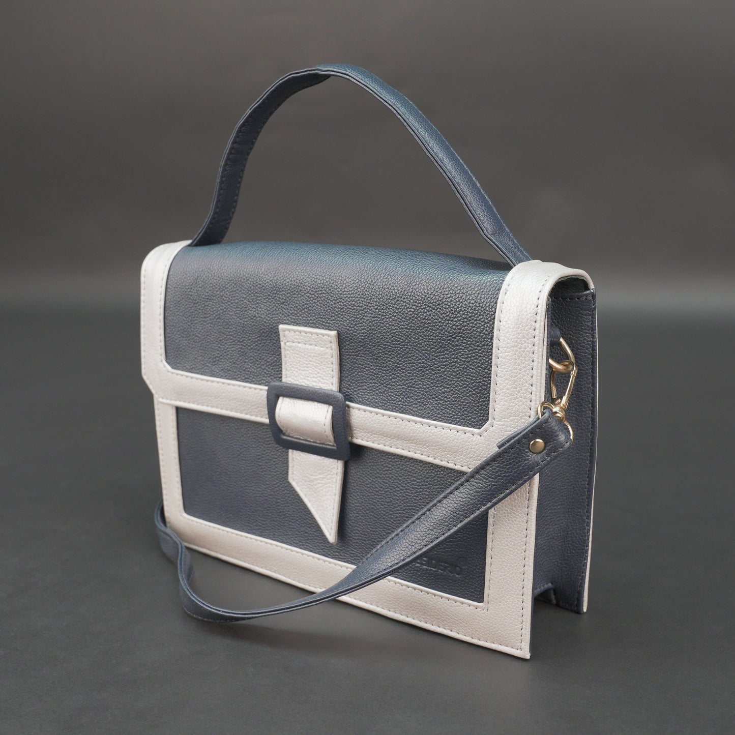 Real leather dark blue crossbody handbag with zipper compartment, inner pocket, shoulder strap, stylish everyday use bag