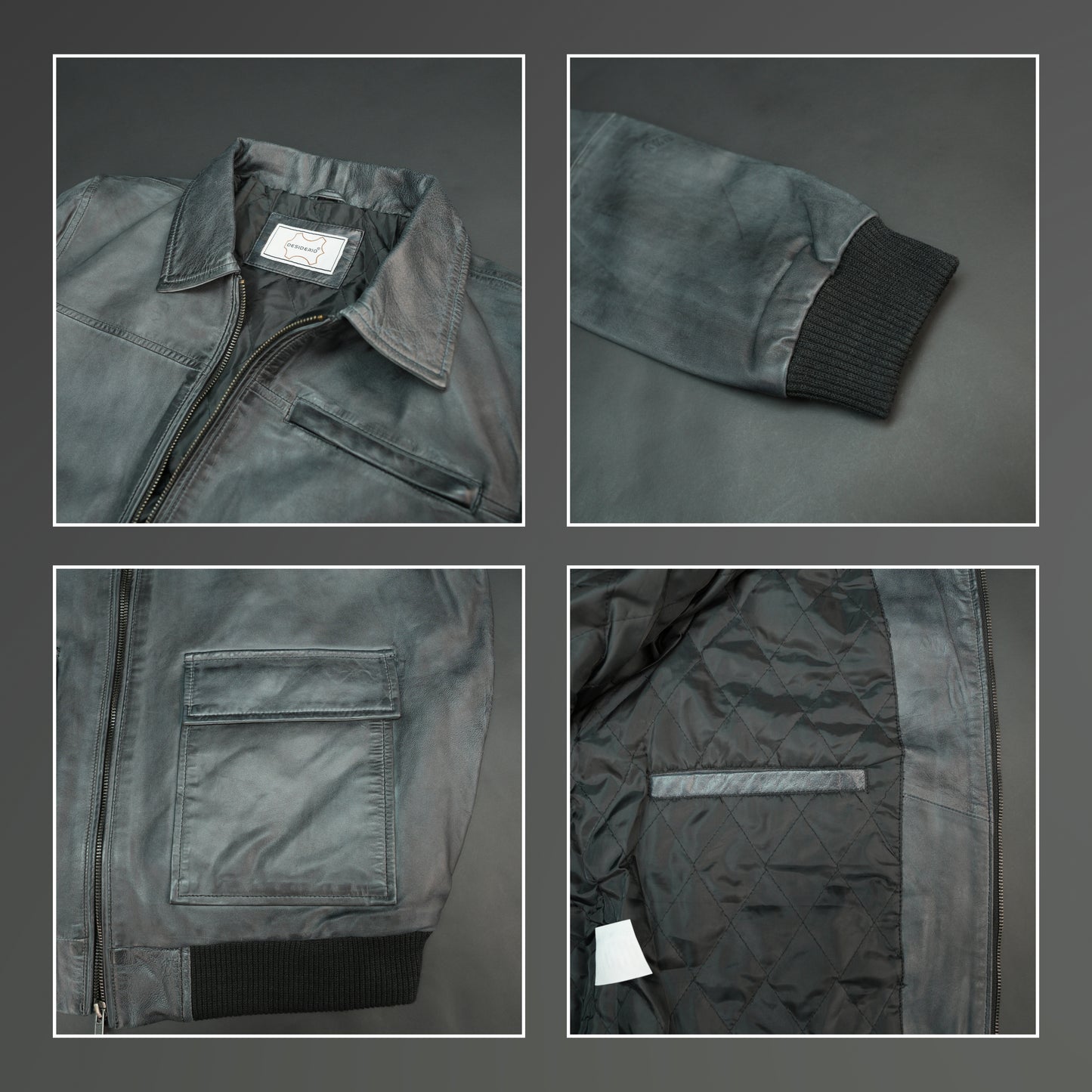 Men’s black leather jacket with zip closure, two side pockets, one left arm pocket, and one inside pocket, combining style and everyday functionality