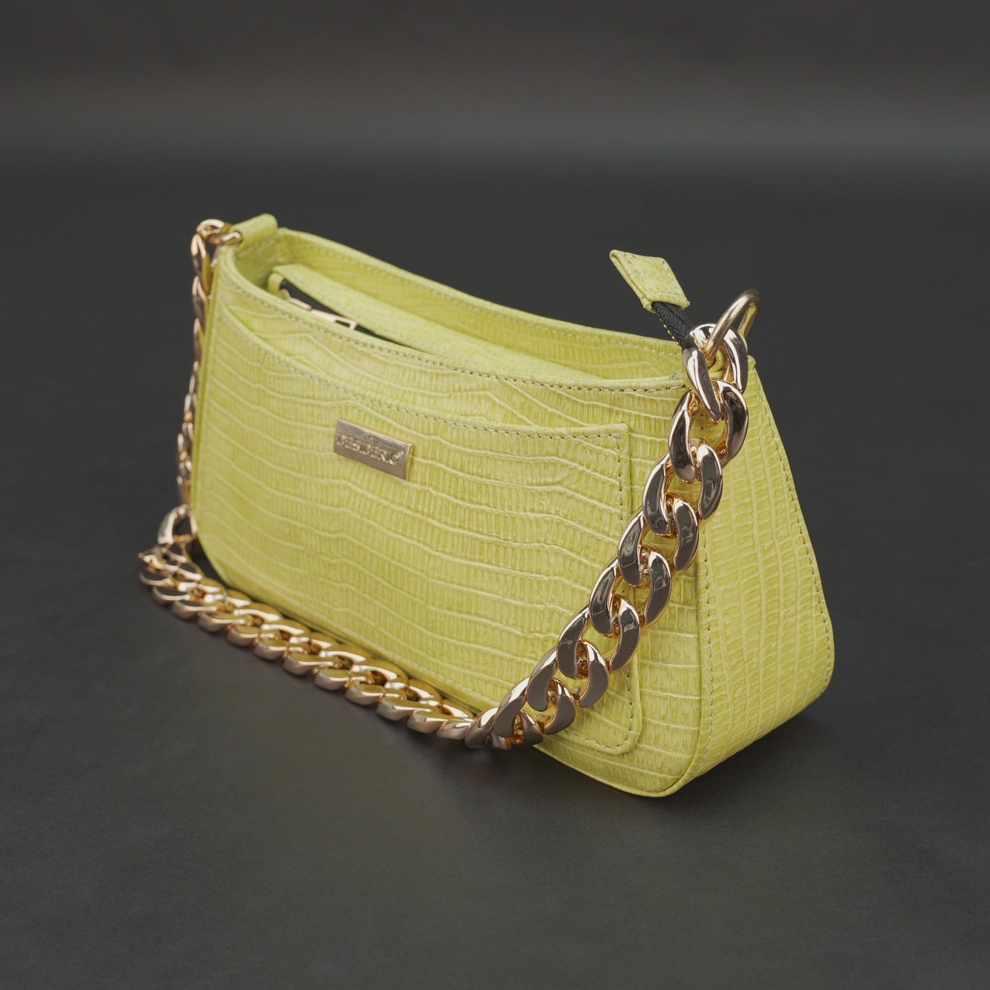 Real leather lemon yellow handbag with gold chain, main compartment, inside zipper pocket, outer pocket, shoulder strap, stylish daily use bag
