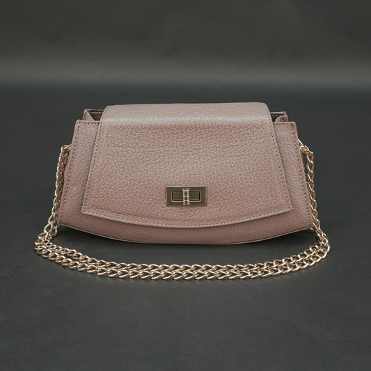 Brown real leather handbag with brass chain and zip compartment.