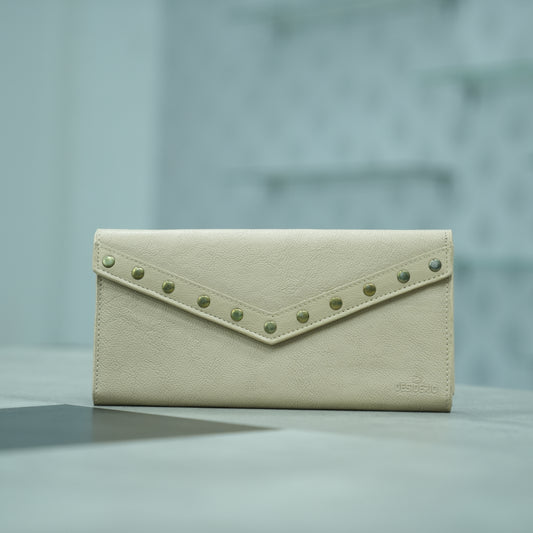 Elegant beige clutch with a sleek design, featuring three main compartments, a zip pocket, and card holders for organized storage
