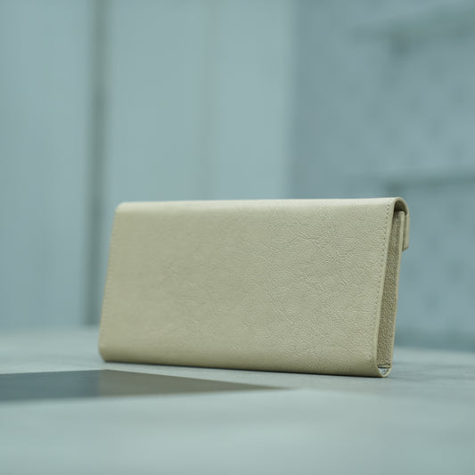 Elegant beige clutch with a sleek design, featuring three main compartments, a zip pocket, and card holders for organized storage