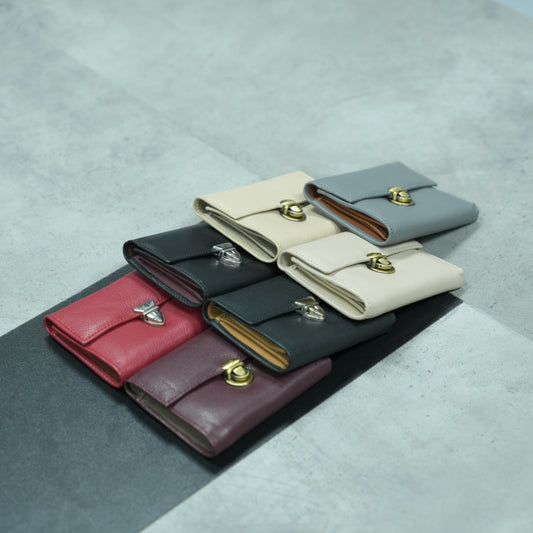 Ladies' mini wallet in multiple colors, featuring 8 card slots, 2 cash pockets, and a compact, elegant design.