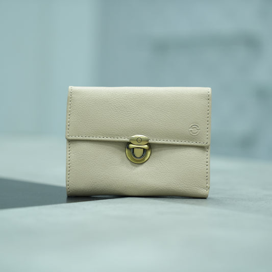 Beige mini wallet for women featuring 8 card slots and 2 cash pockets in an elegant compact design.
