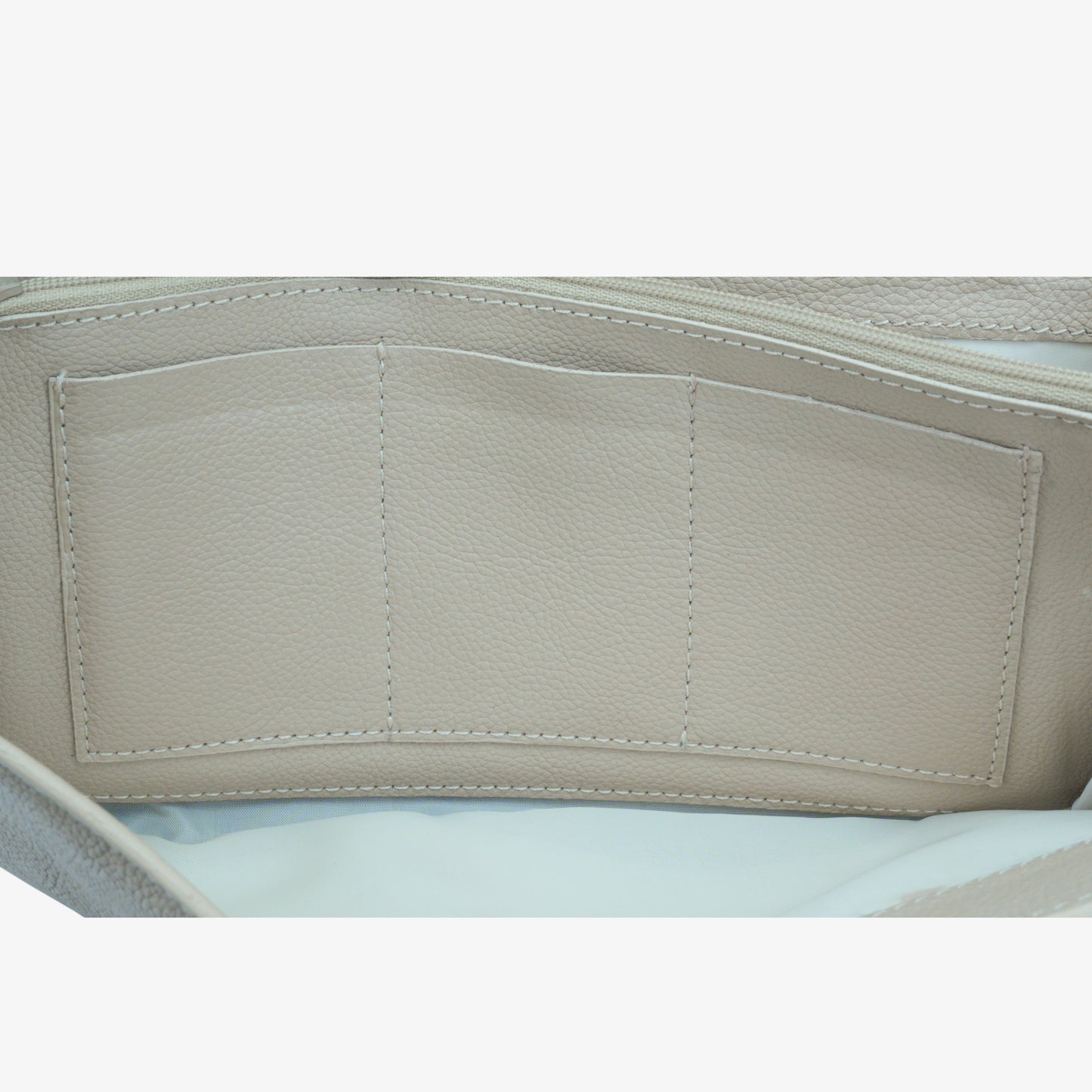 Elegant beige clutch with a sleek design, featuring three main compartments, a zip pocket, and card holders for organized storage