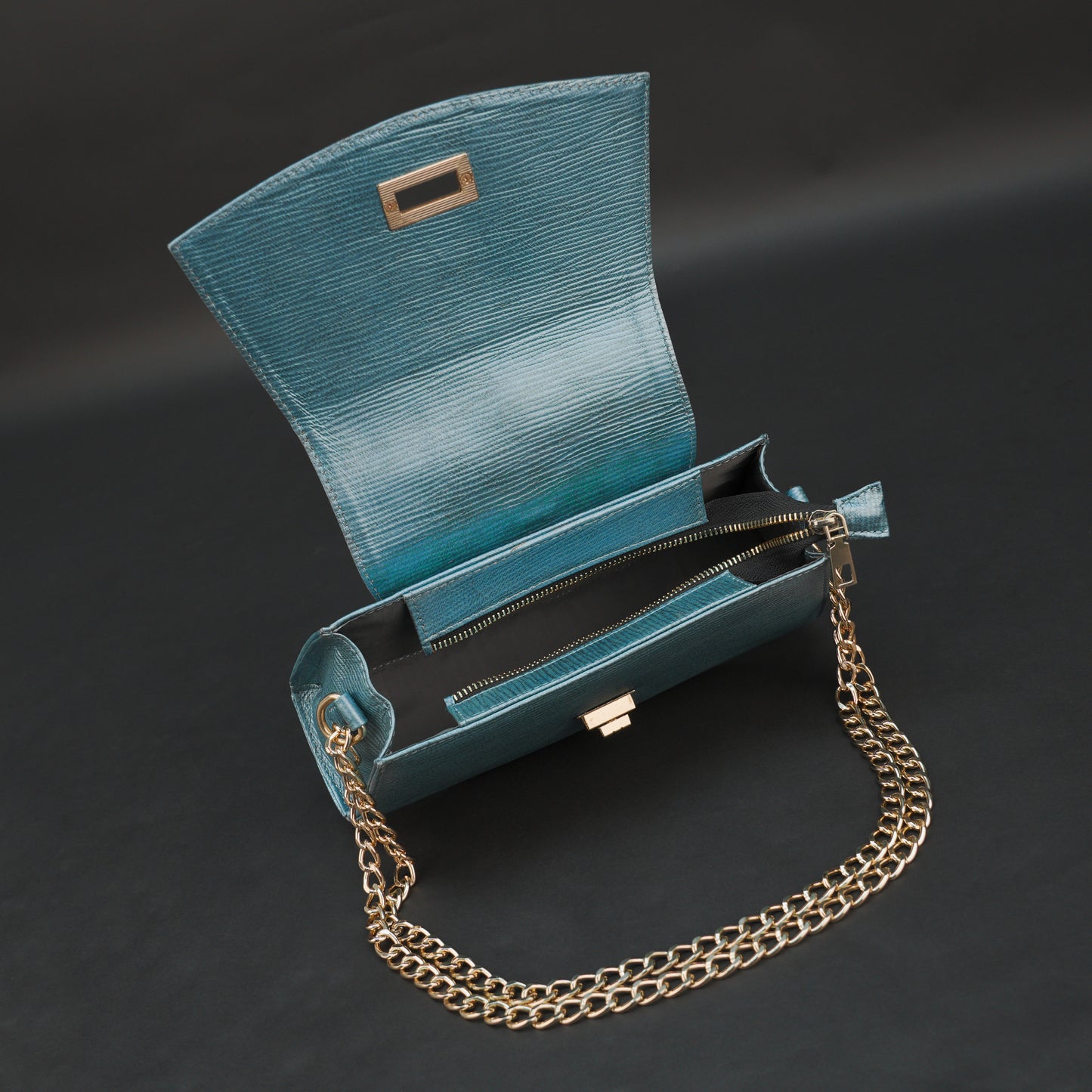Real Leather Handbag With Brass Chain