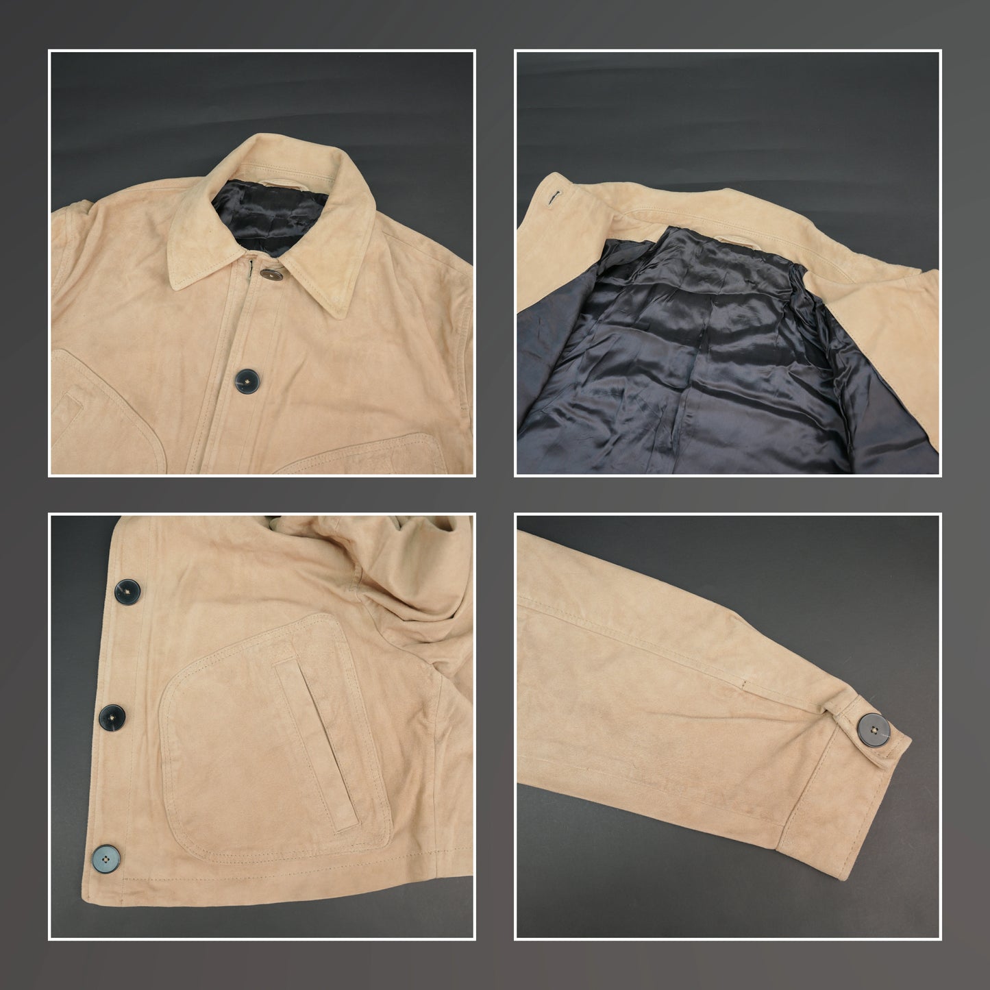 Beige suede cropped jacket with shirt collar, front pockets, and slim fit design.