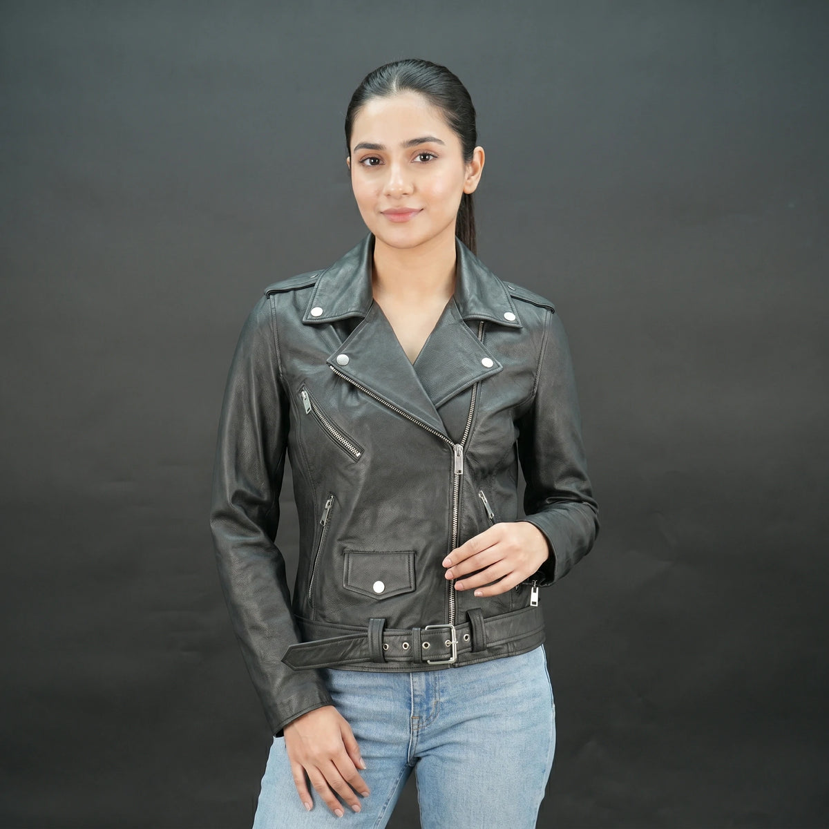Women's Black Asymmetrical Classic Biker Style Leather Jacket with Waist Belt #Desiderio #LeatherJacket #BikerJacket #WomensFashion #MotoStyle