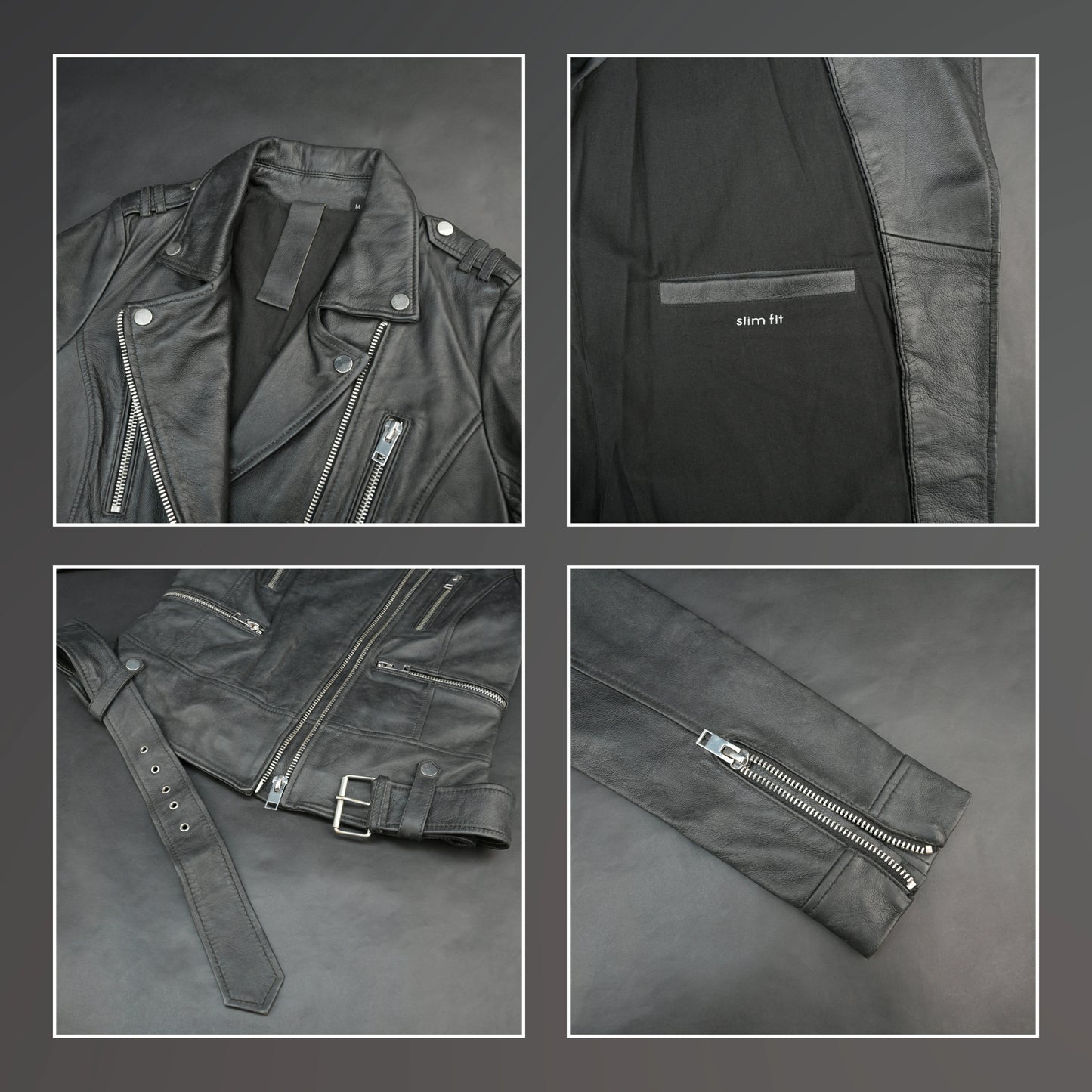 Women black biker leather jacket with zip, epaulets and belt