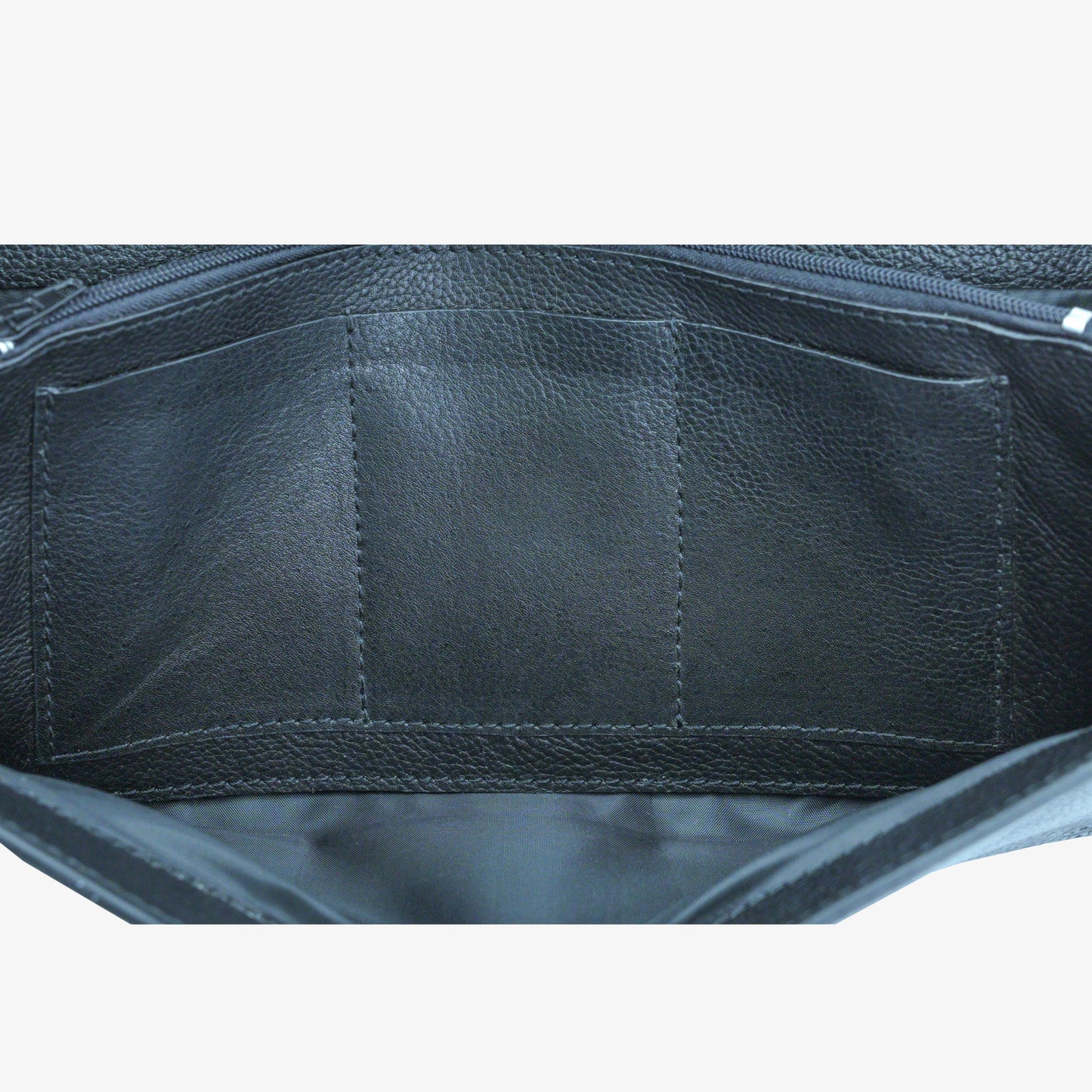 Black leather clutch with three main compartments, one zip pocket, and three card pockets for organized storage