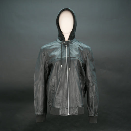 Women's Black Leather Bomber Jacket with Hood - Zip-Up Hooded Moto Jacket #Desiderio #LeatherJacket #BomberJacket #WomensFashion #MotoJacket