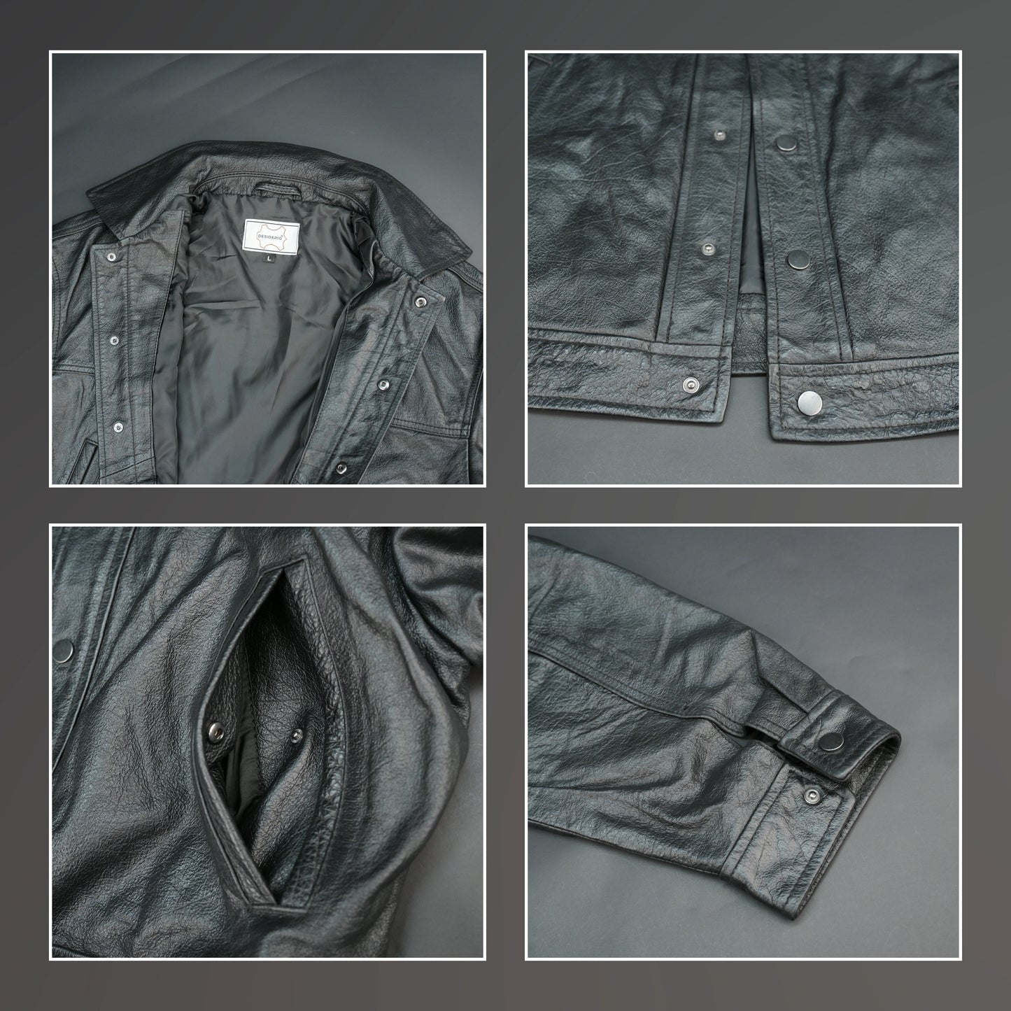 Women black leather trucker jacket with shirt collar and button closure