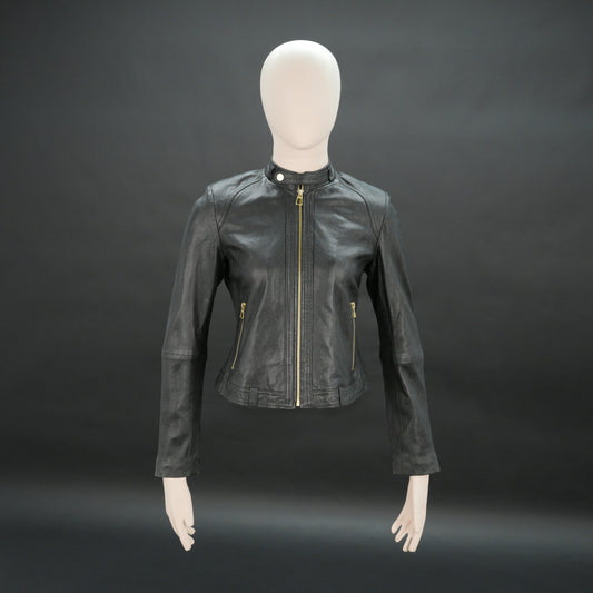 Women black biker leather jacket with gold zip pockets and tailored fit