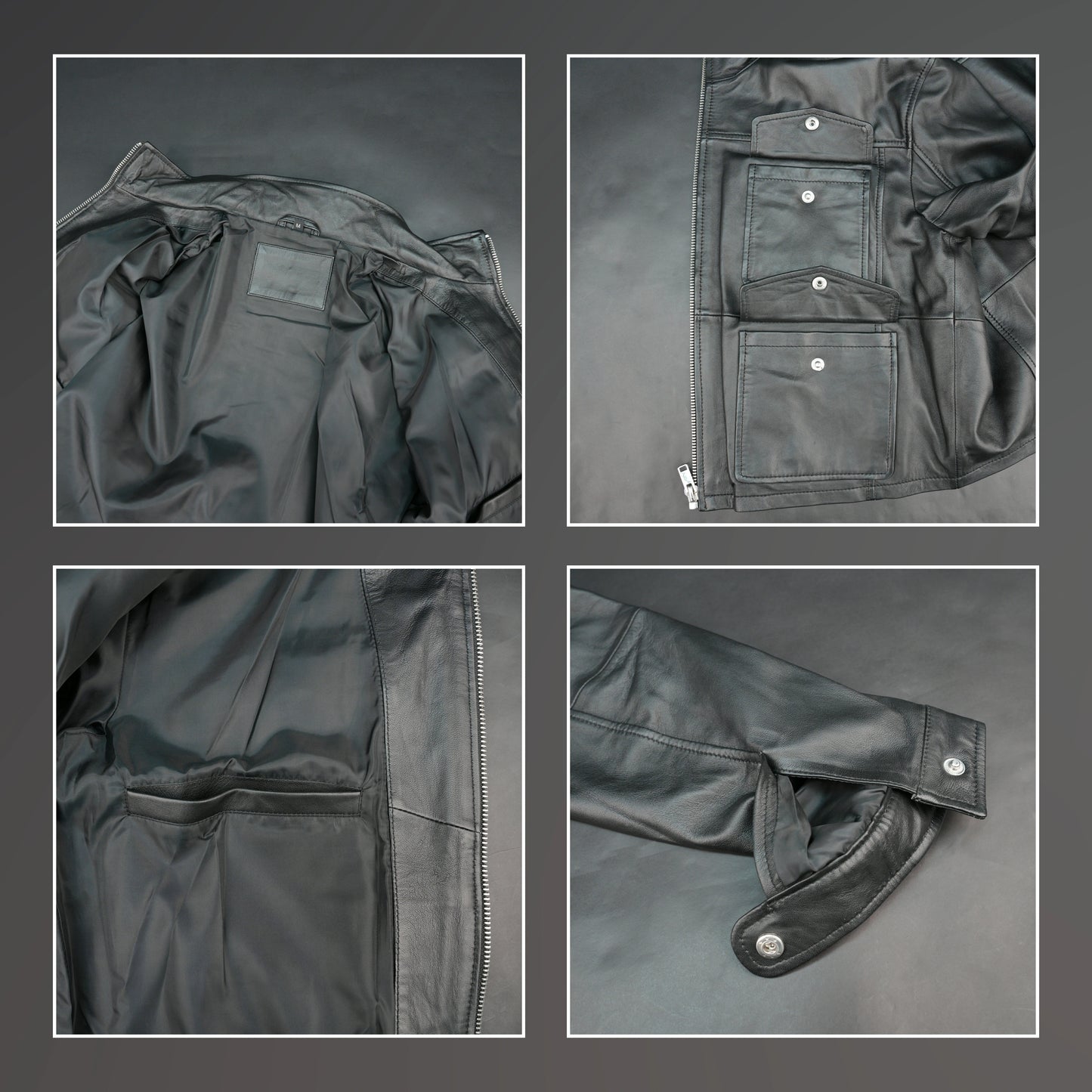 Men black leather utility biker jacket with flap pockets and stand collar