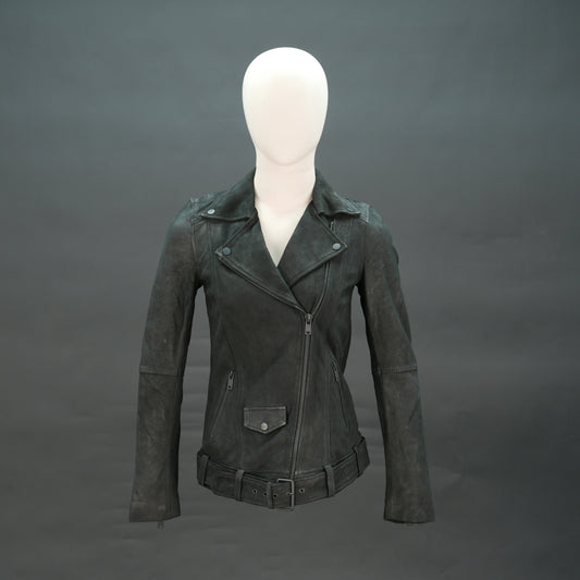 Black distressed leather biker jacket with asymmetrical zip and waist belt.